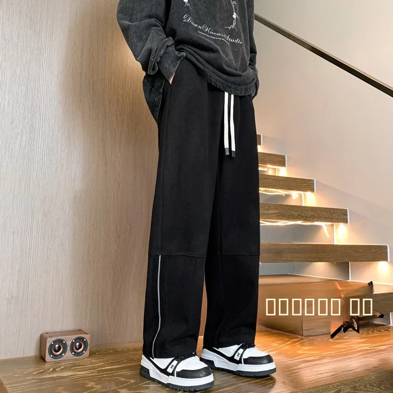 

Мужские прямые утепленные повседневные брюки в американском ретро-стиле, осенне-зимние, свободные, широкие, с эластичным поясом