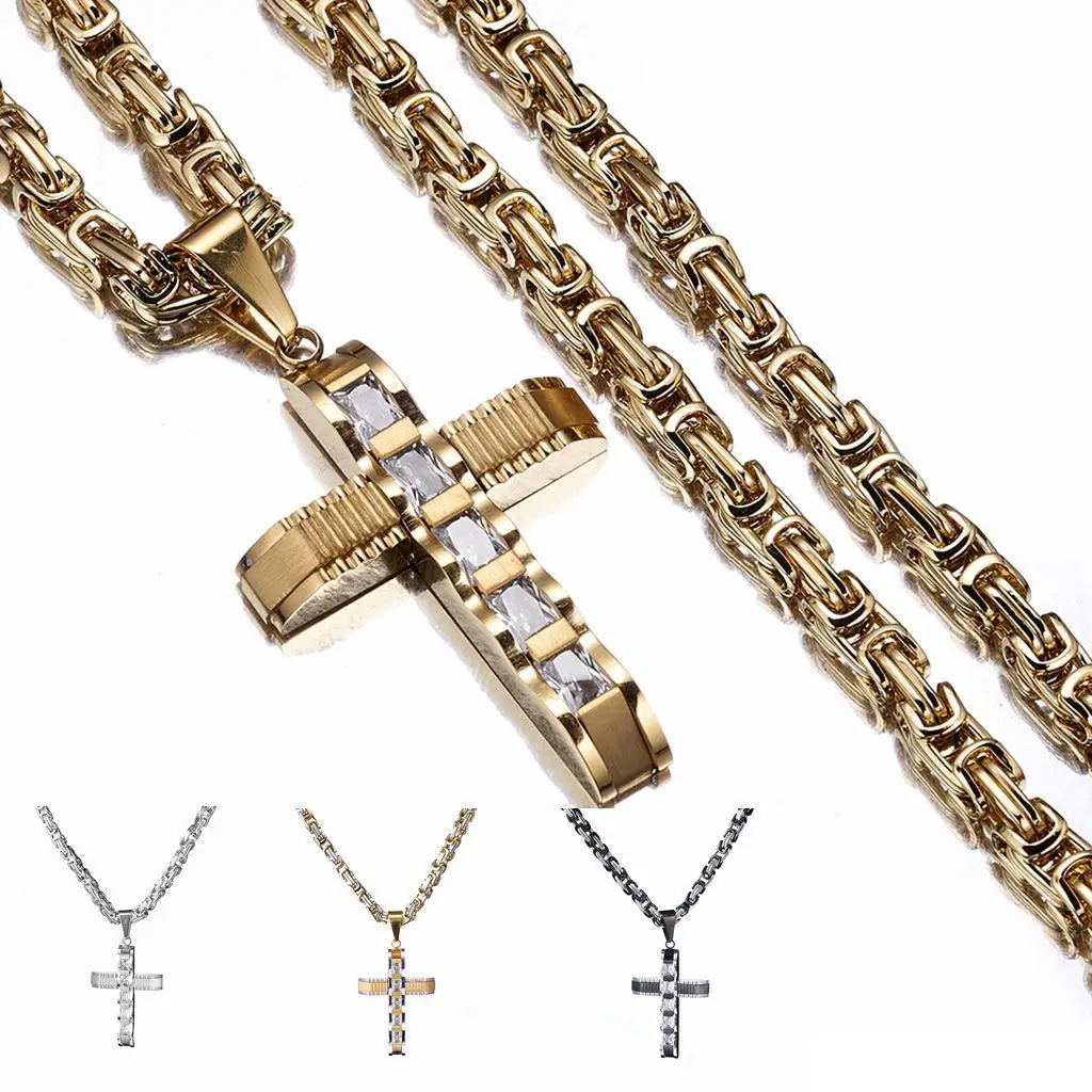 Hip Hop Rock Titanium Stainless Steel Byzantium link chain Necklaces Bling Iced Out CZ Cross Pendants for Men Rapper Jewelry