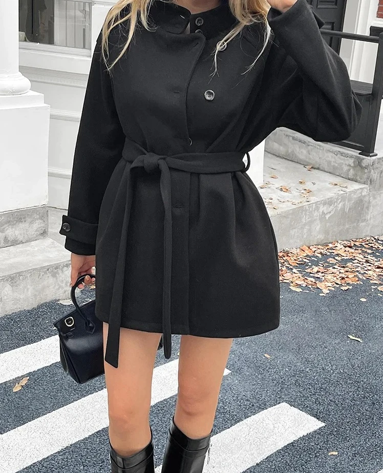 Casacos de moda para mulheres casuais vintage jaquetas de manga comprida bolsos sólidos cinto de botão