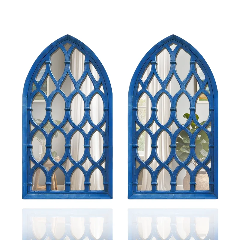2Pcs Gothic Blue Wooden Acrylic Mirrors Wall Decor Arched Decor Mirror Wall Mounted Room Decor Cathedral Window Decor Mirrors