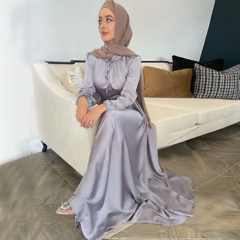 Satin Abaya Long Muslim Dress Elegant Big Swing Belted Hijab Robe Islam Dubai Turkey Modest Abayas African Dresses for Women