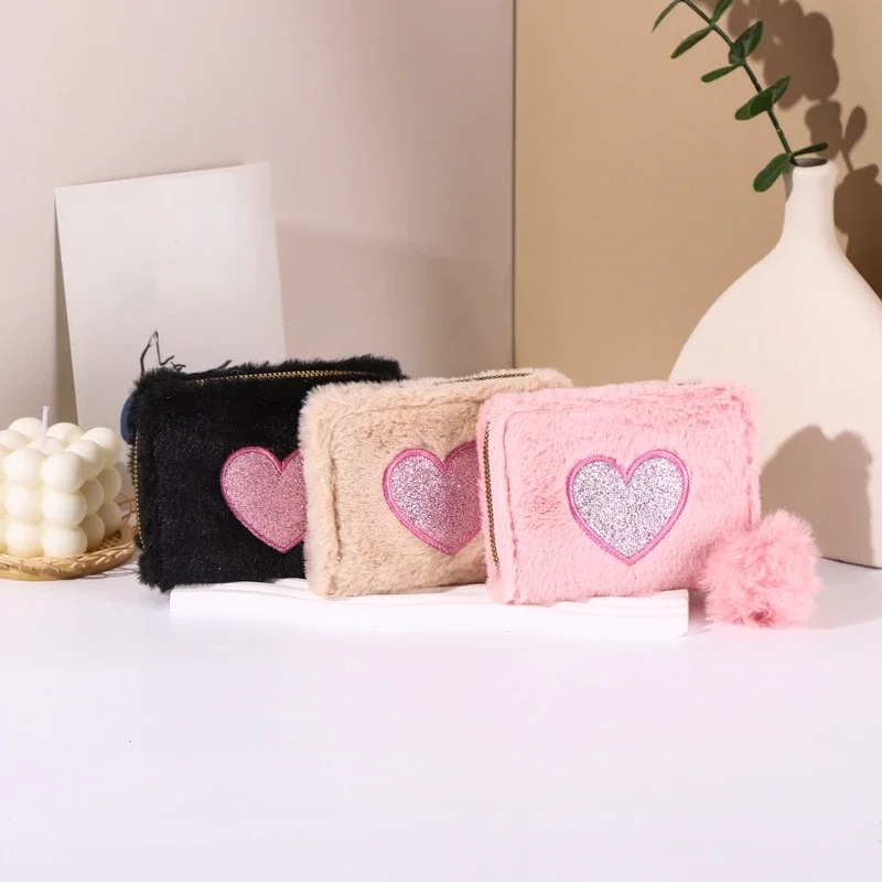 Women Plush Cute Clutch Coin Wallet Short Zipper Kawai Heart Zipper Coin Money Bags Purse Fashion Pouch Business Card Holder