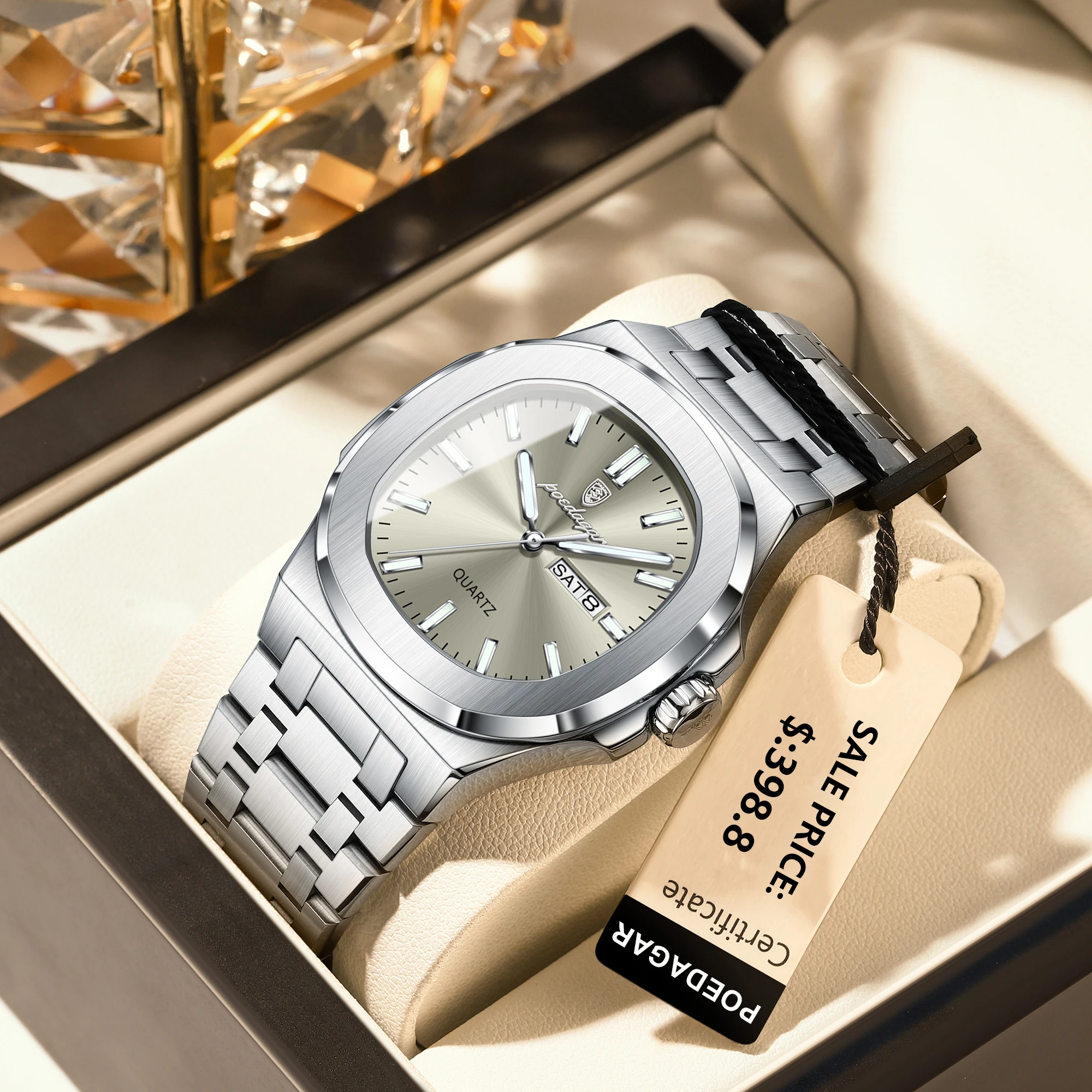 POEDAGAR Square Fashion Men's Quartz Watches Waterproof Luminous Date Week Men Watch Stainless Steel Luxury Man Watch Reloj+box