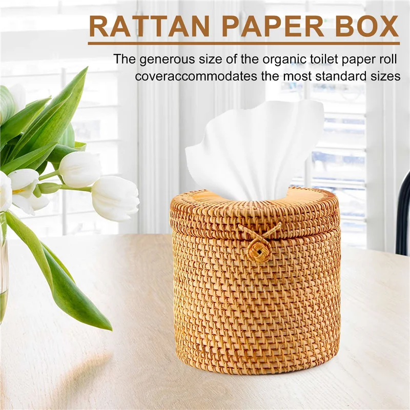 A23E-Rattan Tissue Box Toilet Paper Cover Wicker Decorative Holders With Lid For Storage Single Roll And Tissues In Bathroom