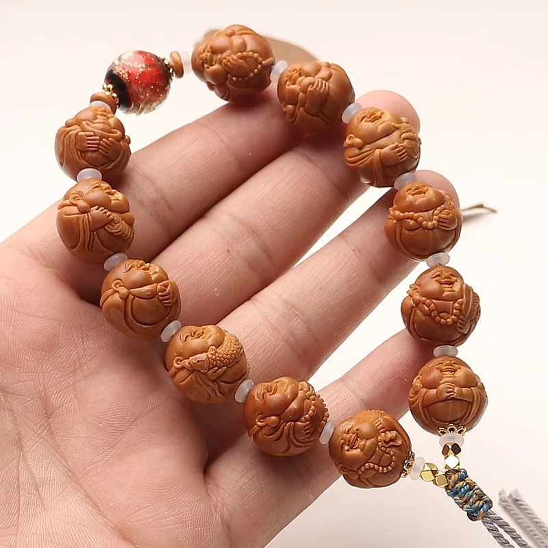 Iron core, olive pit carving, small Maitreya Buddha bracelet, incense ash glazed glass bead, decorative piece, short and round,