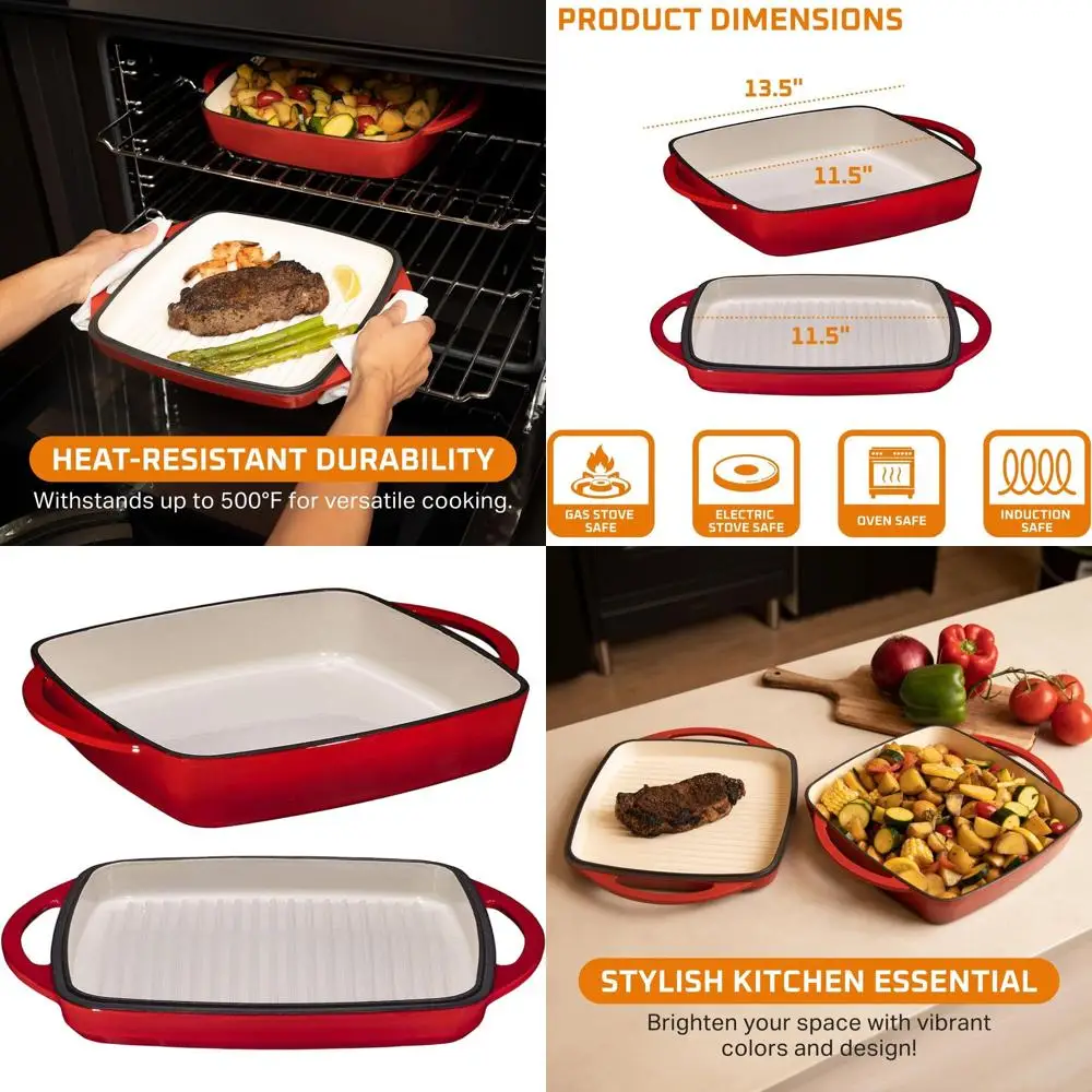 

Red 2-in-1 Cast Iron Dutch Oven with Enamel Coating and Dual-Handle Baking Pan & Grill Lid for Baking, Bacon, and Steaks