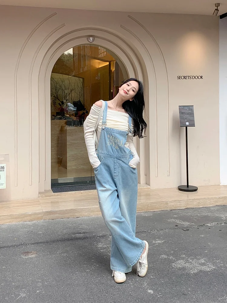 

Светло-голубые женские комбинезоны с вышивкой, широкие брюки, повседневные, с высокой талией, длинные, из денима, на пуговицах, для осени