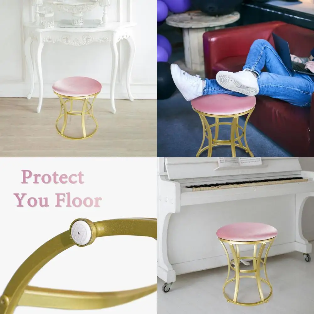 

Pink Velvet Upholstered Vanity Stool with Metal Legs for Makeup, Bathroom, Bedroom, and Living Room