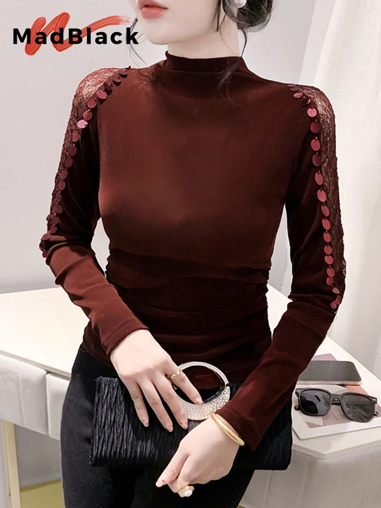 

MadBlack-Women European Velvet T-Shirt, Sexy Mock Neck Sequin Lace, Streetwear Long Sleeve Slim M-3XL Tee, 2025 Autumn T59464CC