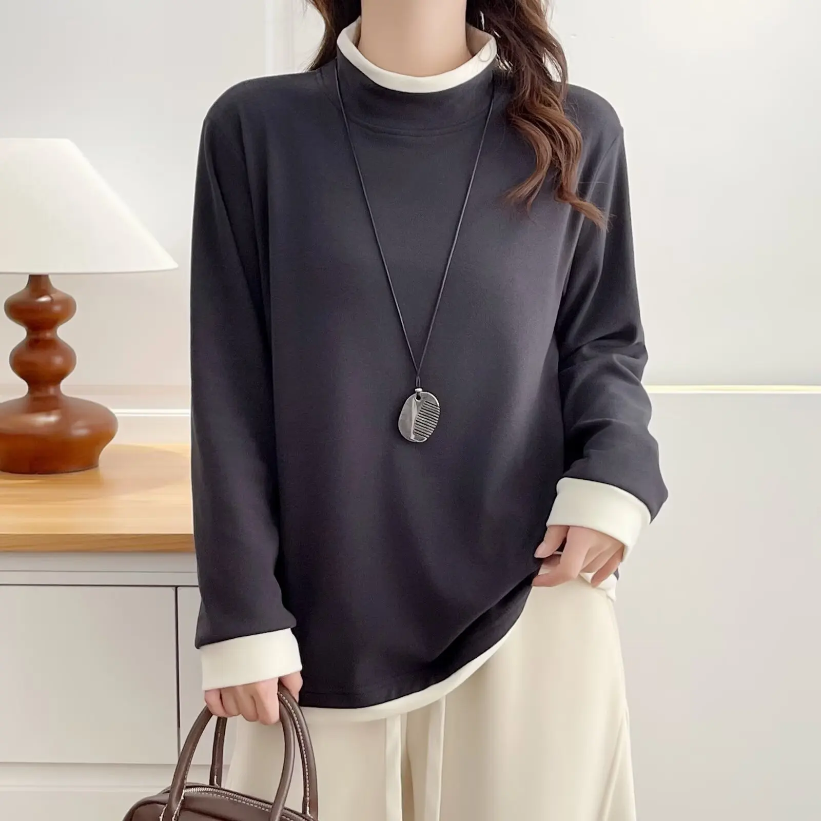 XXXXL موضة حجم كبير المرأة تي شيرت الخريف الشتاء بسيط عادية اللون كتلة الوجهين DE المخملية الدافئة بلوزات بأكمام طويلة #3