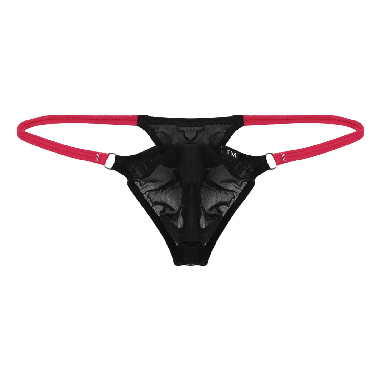 Contrast Red Strap Mesh Men Thong Metal Ring Thin Waistband See Through Low Waist Sexy Men T-string Underpants