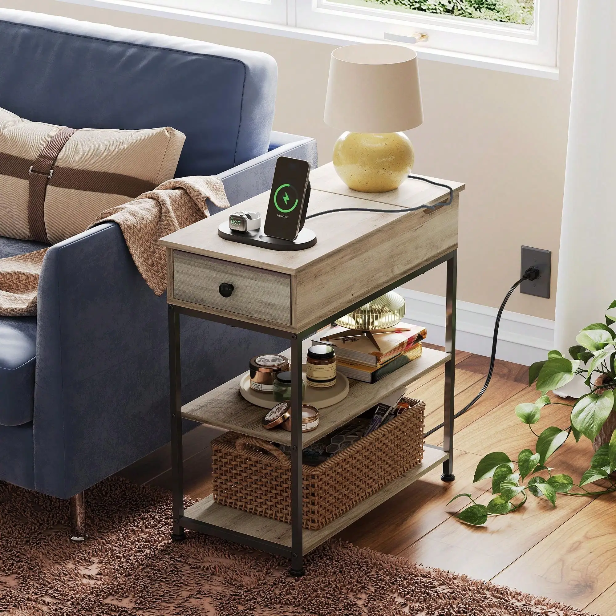 

Table With Charging Station, End Table For Living Room, Couch Side Table With Fabric Drawer For Bedroon