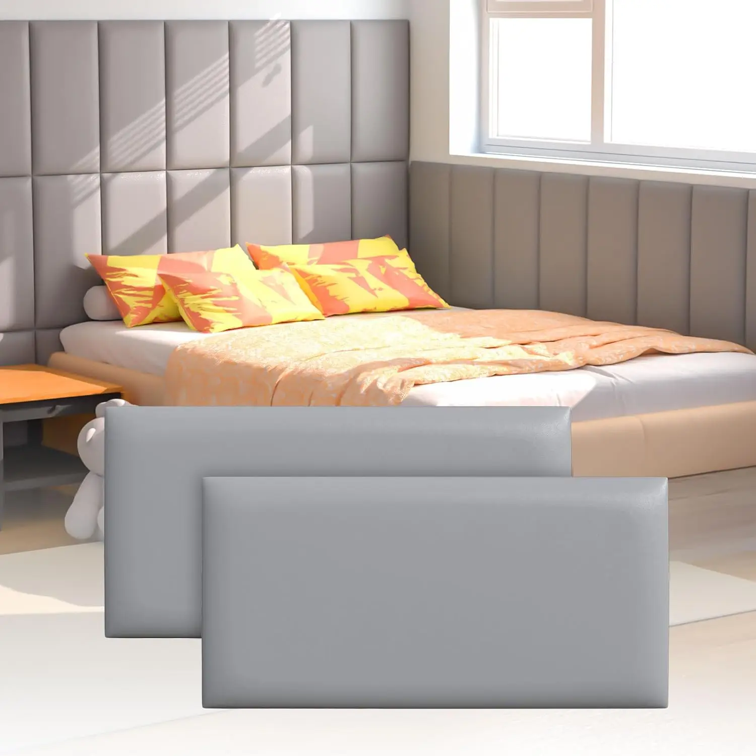 

Peel And Sti Headboard Panels For Twin And King In Grey, 3D Anti-Collision, Self-Adhesive, 4 Panels/11.8"" X 23.6"" Each