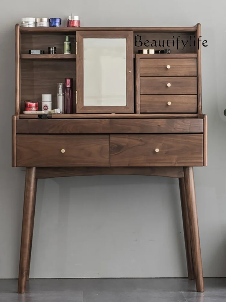 

Nordic Solid Wood Flip Mirror Dresser Simple Black Walnut Multifunctional Writing Makeup Table