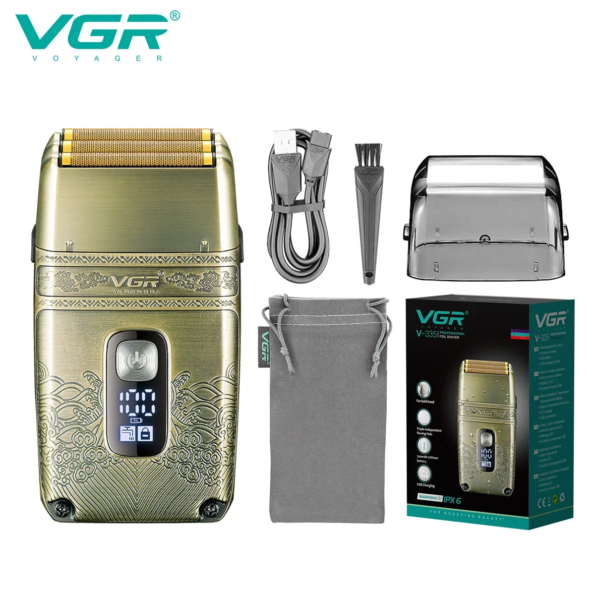 VGR Shaver Waterproof Beard Trimmer Professional Razor Rechargeable Shaving Machine Digital Display Razors for Shaving Men V-335