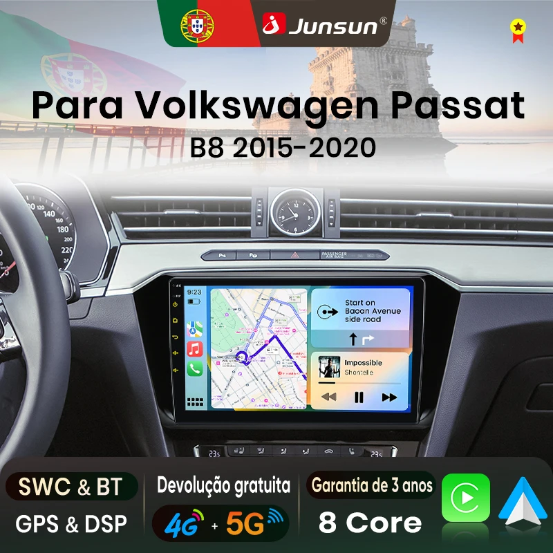 Autoradio Junsun 8 cœurs pour Volkswagen Passat B8 2015-2020, CarPlay sans fil, Android Auto, systèmes intelligents pour voiture, commande vocale IA, 4G LTE, eSIM, GPS, DSP, SWC, RDS, WiFi, BT, navigation, écran tactile IPS, autoradio, lecteur vidéo, unité centrale, stéréo, 360 °   Caméra de surveillance