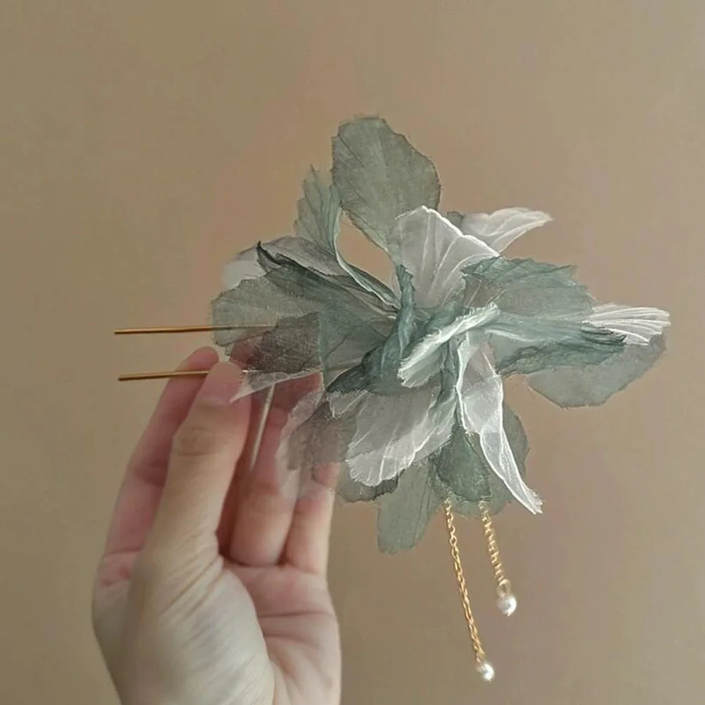 1/3 قطعة دبوس الشعر على شكل حرف U دبوس الشعر الصيني الجديد دبوس الشعر الجنية الرجعية يدويا زهرة الحرير الكبيرة شرابة دبوس الشعر ملحقات الشعر