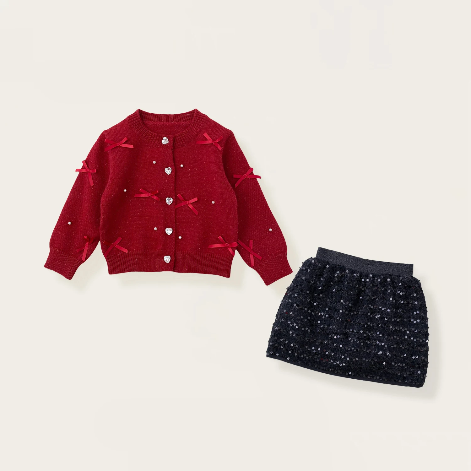 Girls Two-Piece Set Pearl Bow Cardigan Sweater & Sequined Skirt Autumn Winter Princess Dress Outfit for Kids