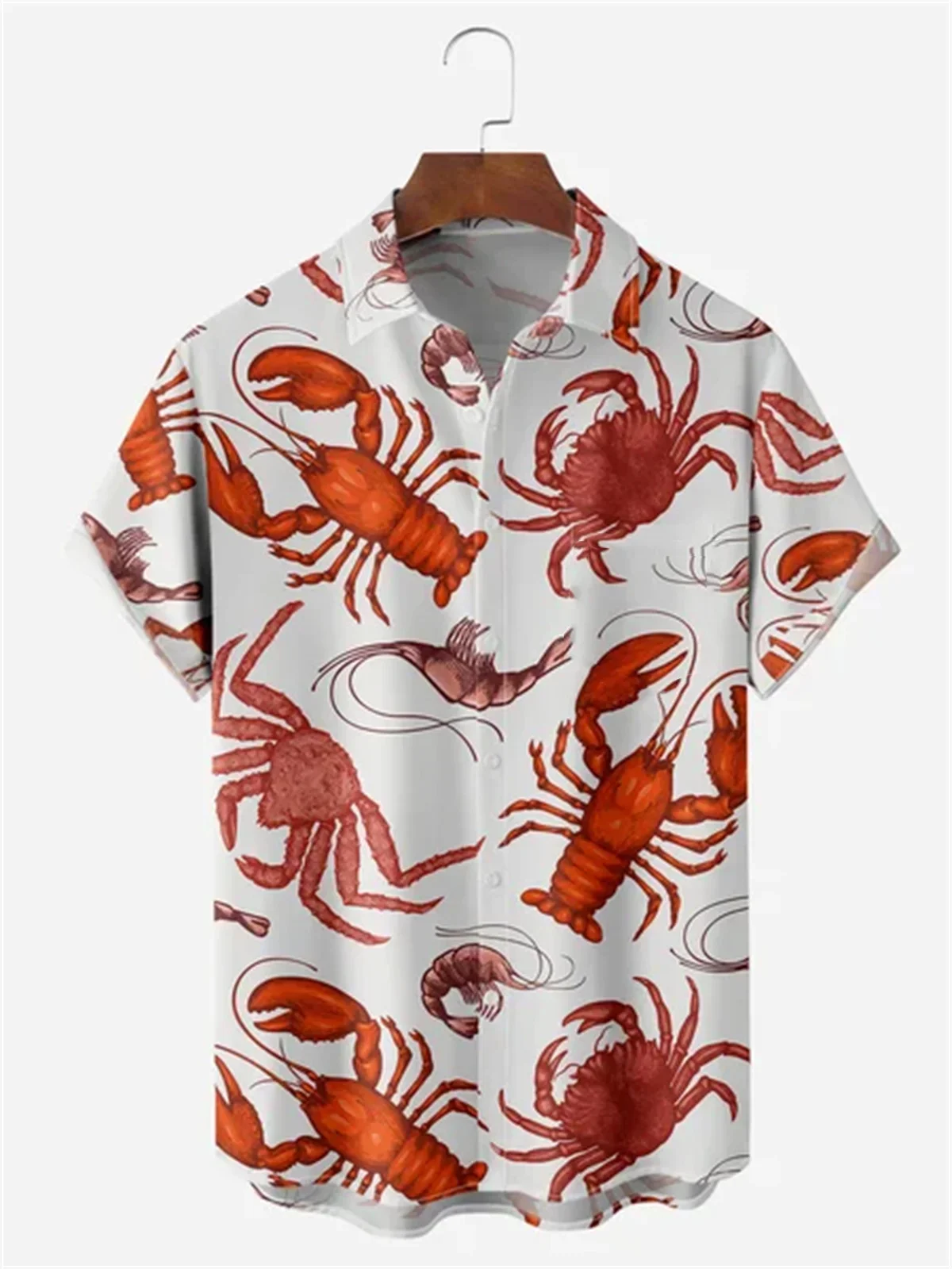 Lobster print short sleeved Hawaiian shirt, fashionable and casual beach vacation men's shirt, summer 2024