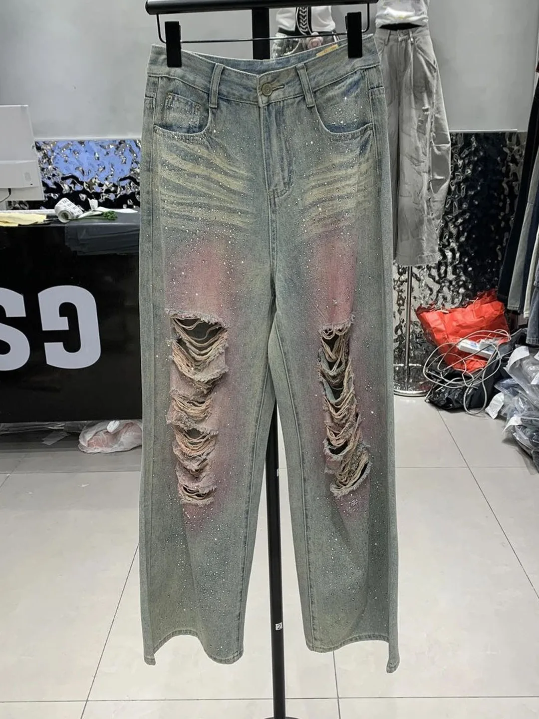 American Style High Waist Wide Leg Jeans Women Summer Slim Straight Long Pants Distressed Rhinestone Faded Blue Denim Jeans
