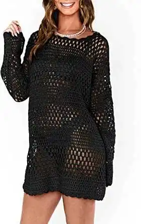 Luźny sweter z dzianiny o okrągłym dekolcie, ażurowy, w stylu streetwear, długi rękaw, damski, letni, modny, luźny krój, odzież dzianinowa.