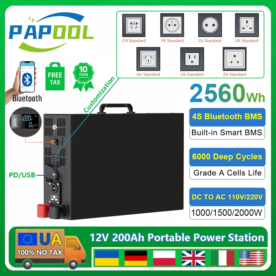 LiFePO4 12V 100Ah 200Ah 1280Wh 2560Wh Portable 1000W 15000W 2000W Power Station 110V 220V AC Outlets PD USB Output EU UA NO TAX