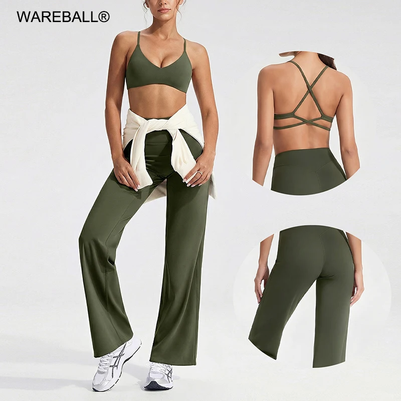 

Комплект из 2 предметов, дышащий мягкий костюм для фитнеса, топы для йоги с перекрестной спиной, широкие брюки, костюм для пилатеса, бега, фитнеса, спортивная одежда для тренировок