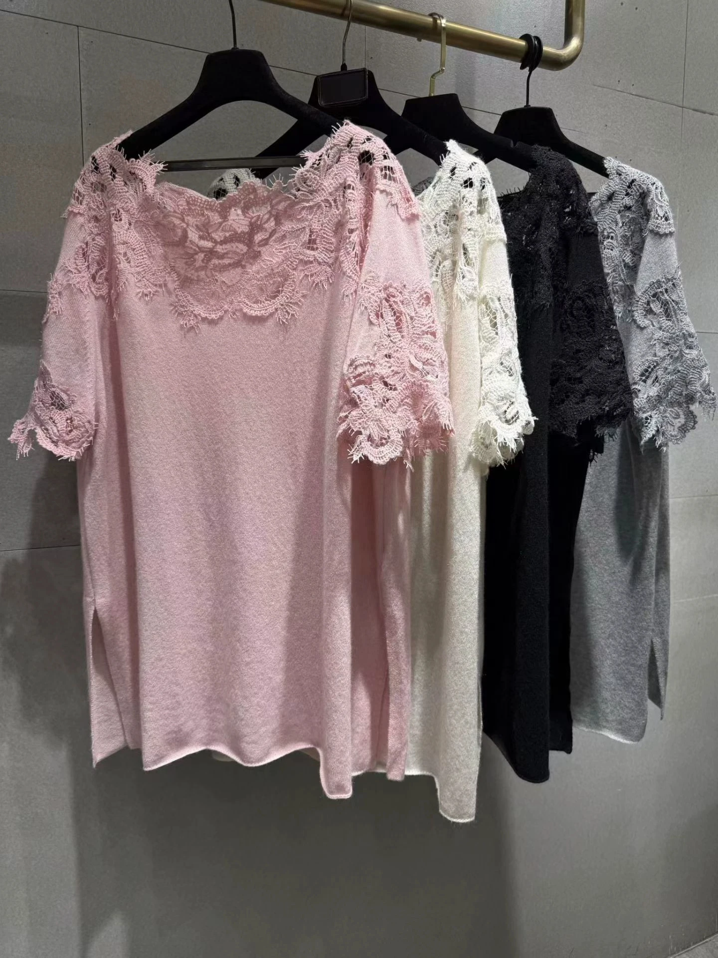 Luxury 100% Cashmere Women's Sweater Elegant Lace Embroidery Off‑Shoulder Loose Knit Top Pink White Black Grey
