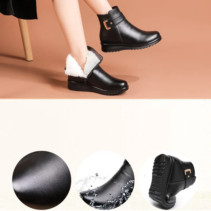 High Quality Fashion Winter BlackBoots Women Leather Warm Fur Ankle Boots Mother Outdoor Leisure Non-slip Snow Boots Woman Shoes