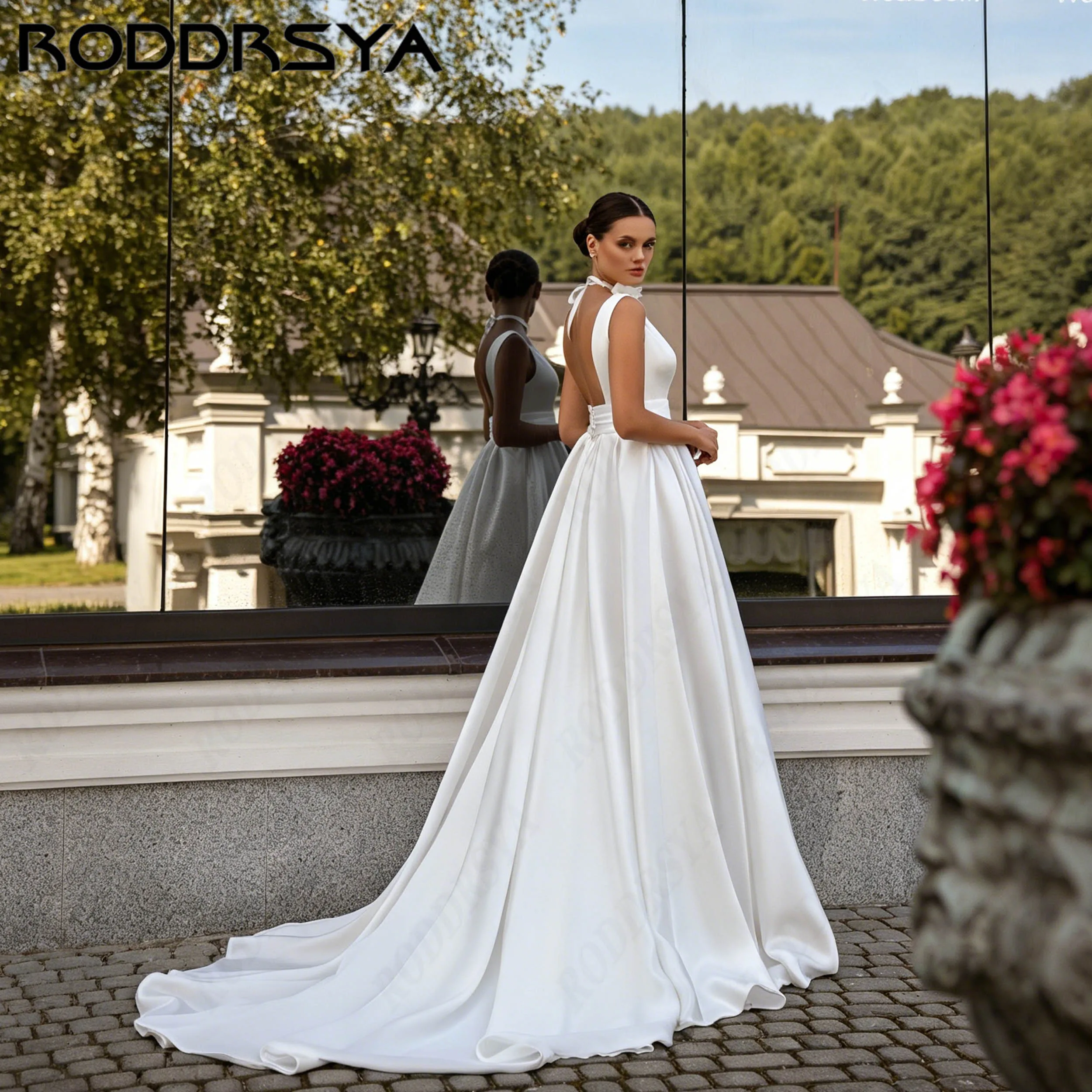 RODDRSYA Simple Deep V Neck Satin Wedding Dress Bridal Spaghetti Strap With Pocket A-Line Gown Backless Brautkleid Personalized