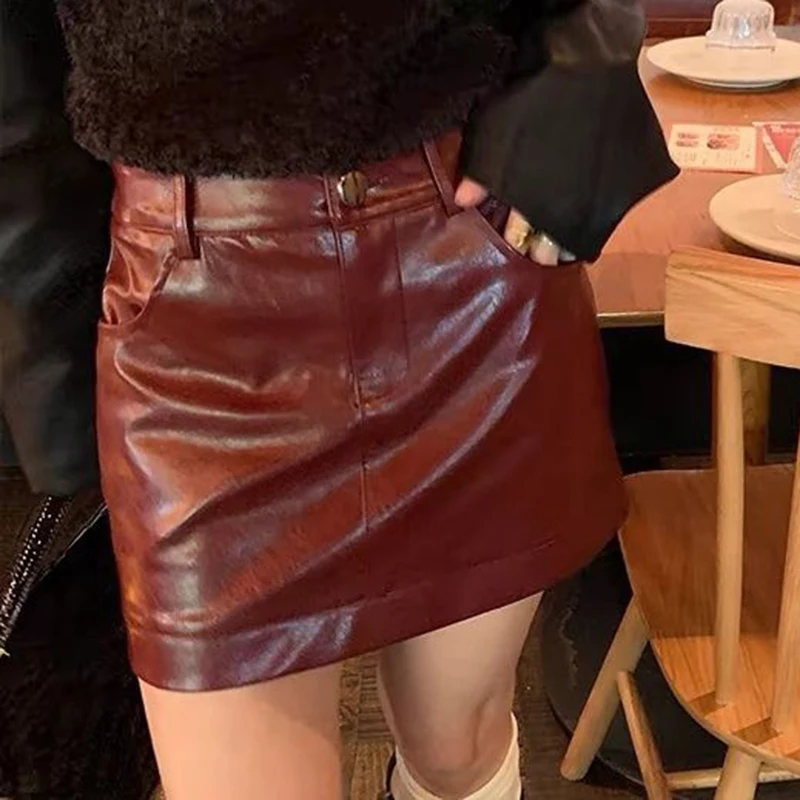 Wine red leather skirt half body skirt for women 2024 new low waist hip hugging A-line short skirt design sense women's clothing