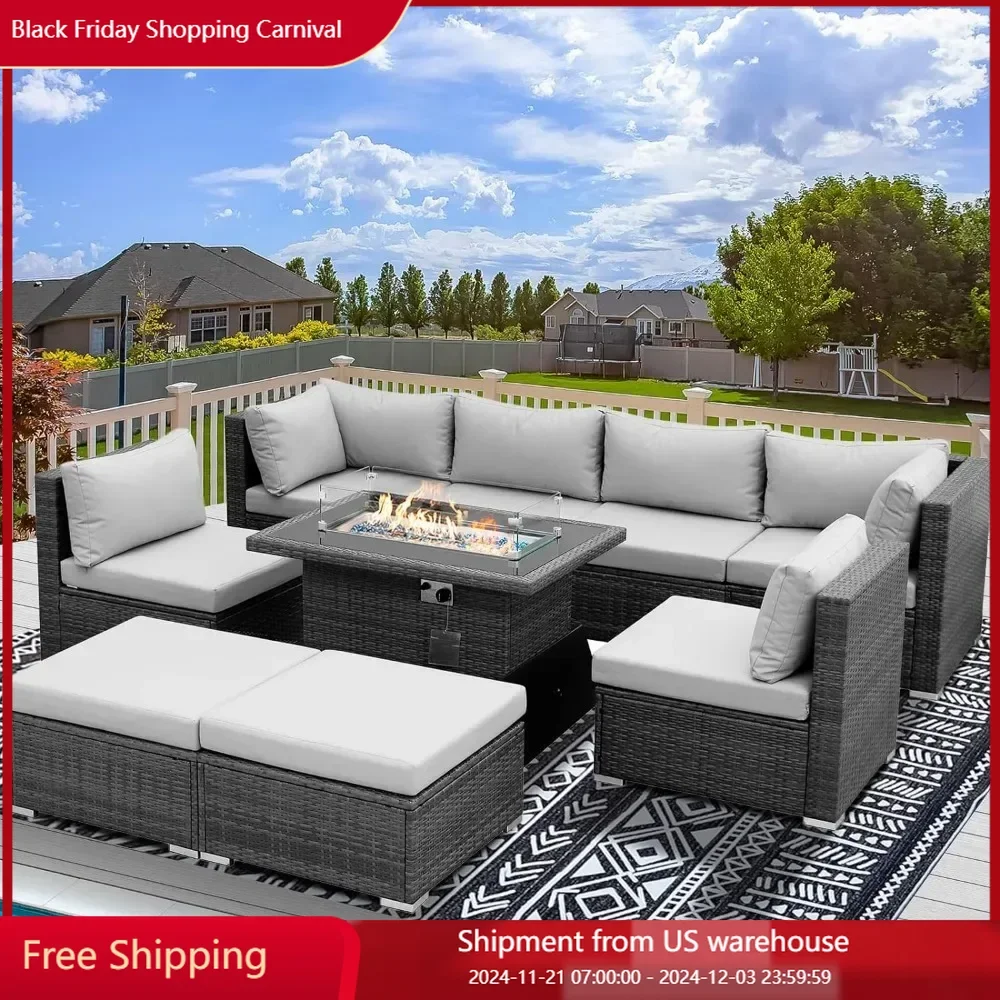 Patio Furniture Set Equipped With Propane Fire Pit Table 55000 BTU Balcony Rattan Lounge Outdoor Dialogue Set