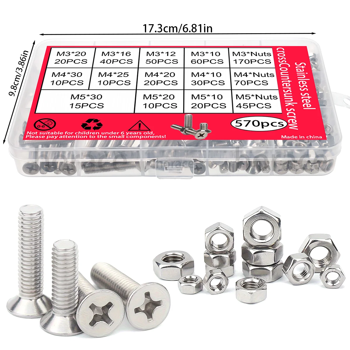 570 pcs Stainless Steel Cross Countersunk Screw and Nut Combination Set Cross Head Precision Machine Screw, M3 M4 M5, DIY Tool B