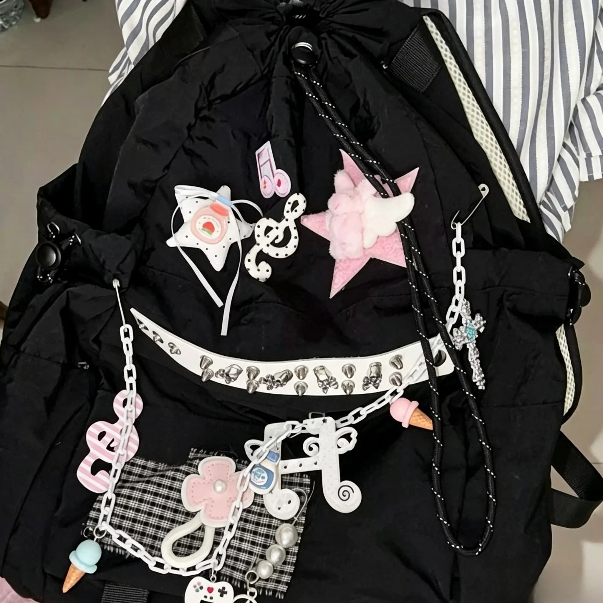 Original Color Contrast Patch Japanese Korean Chain Drawstring Backpack Retro Street College Style Y2K Harajuku Alt Fashion