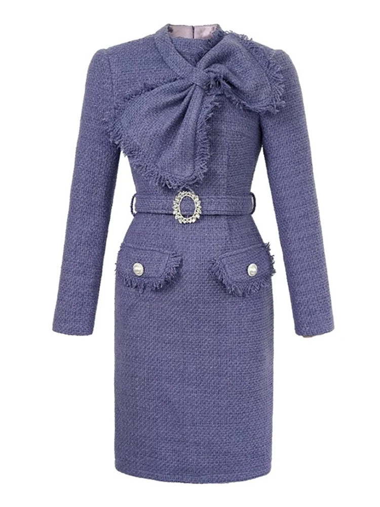 Neue trend ige Tweed Vintage klassische Bleistift kleid Frauen elegant pendeln süße Langarm schlanke formale Mujer Vestidos Straßen kleidung