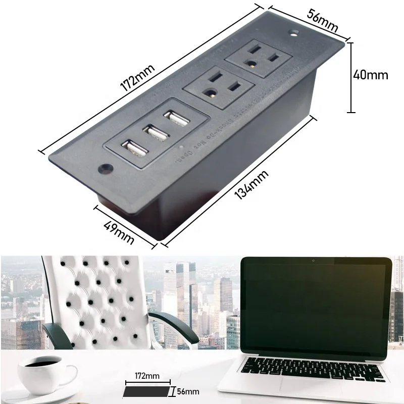 3 USB 2 Outlet Power Strip Table Desk Surface Mountable Recessed Furniture USA