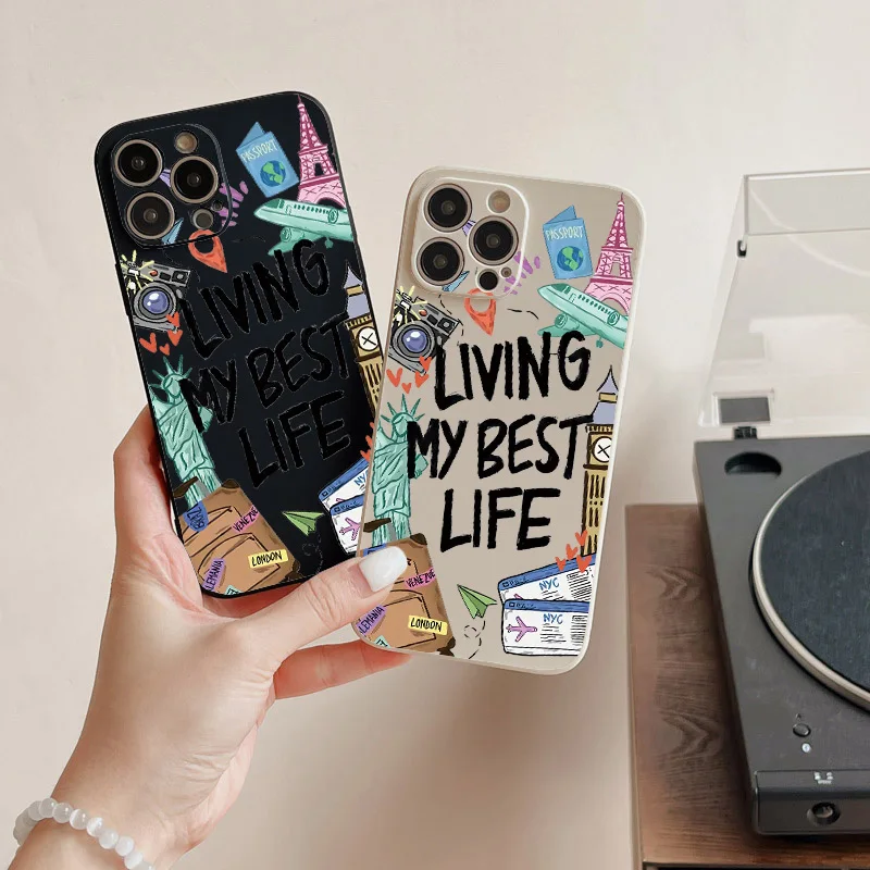 Ins Living My Best Life Case For Iphone 11 12 Mini 13 14 15 Pro Max Liquid Silicone Soft 7 8 Plus X XR XS Max Shockproof Cover