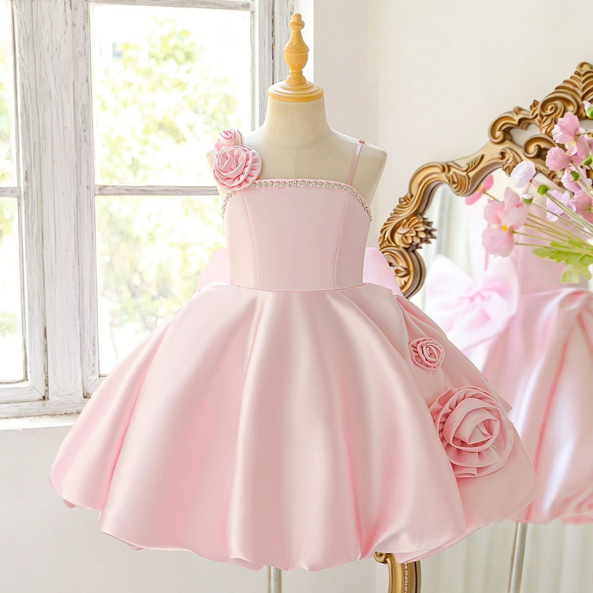 European and American Children's Evening Dress Girls' Suspender Flower Bud Dress Three-dimensional Flower Party Dress