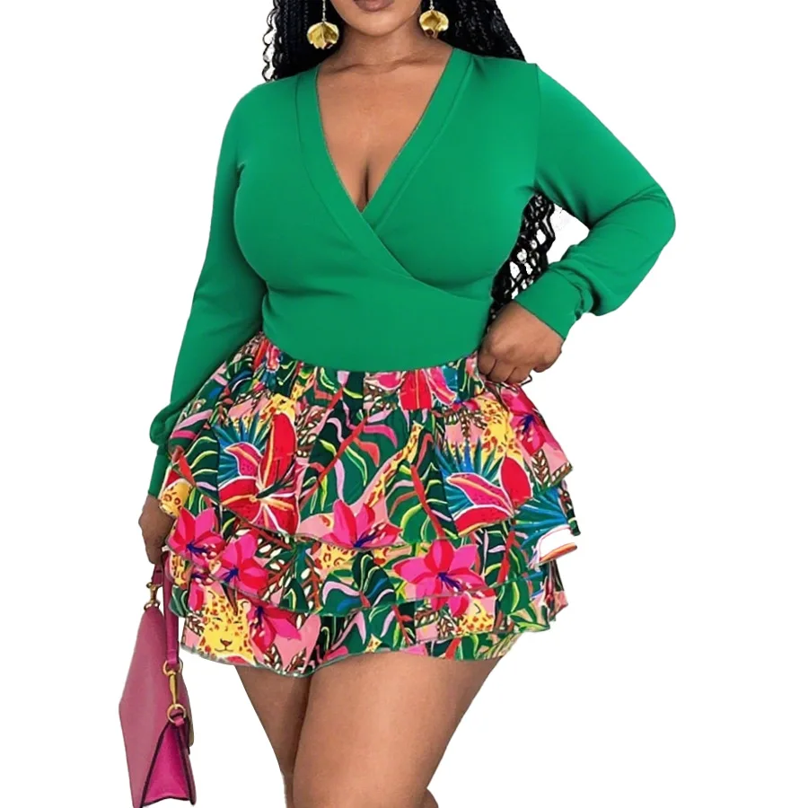 

Plus Size African Dresses for Women XL-5XL Summer Long Sleeve V-neck Print Top Skirt Matching Sets Dashiki Africa Clothing