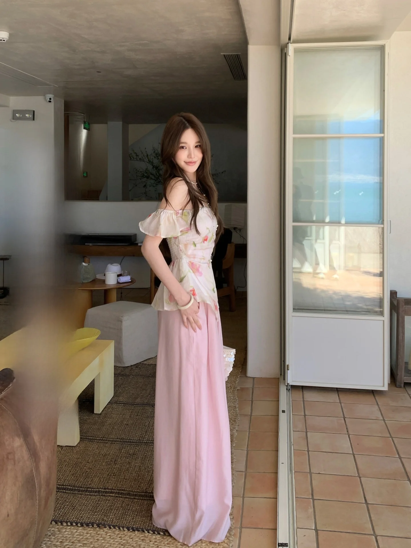 

Pink High Waist Wide Leg Pants Women's Summer Lightweight Cool Feeling Skirt Pants Korean Style Knitted Acetate Fiber