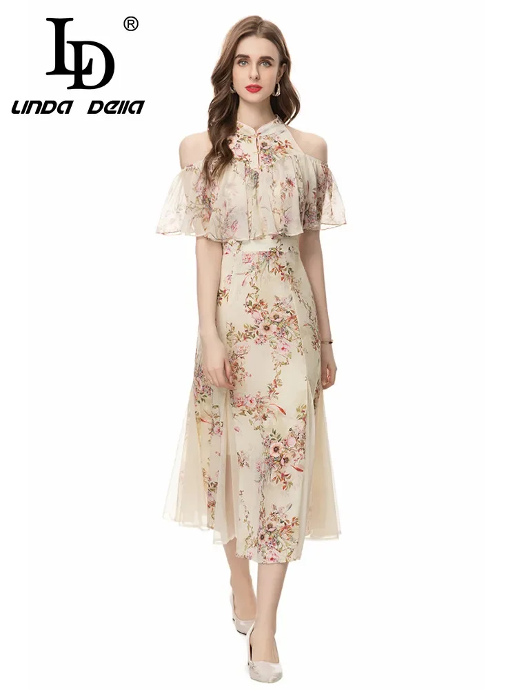 

LD LINDA DELLA Fashion Designer Summer Retro Floral Print Dress Women Elegant Chiffon Ruffles Strapless Tunics Patchwork Dresses