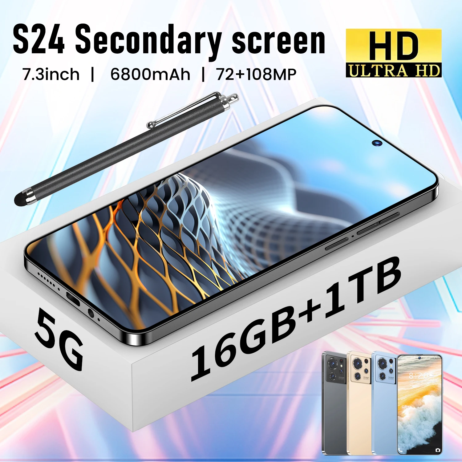 

S24 Ultra Android 13.0 5G Phone with 7.3-inch HD Screen Dual SIM 16GB+1TB Storage 6800mAh Battery Snapdragon 8 Gen2 72MP+108MP