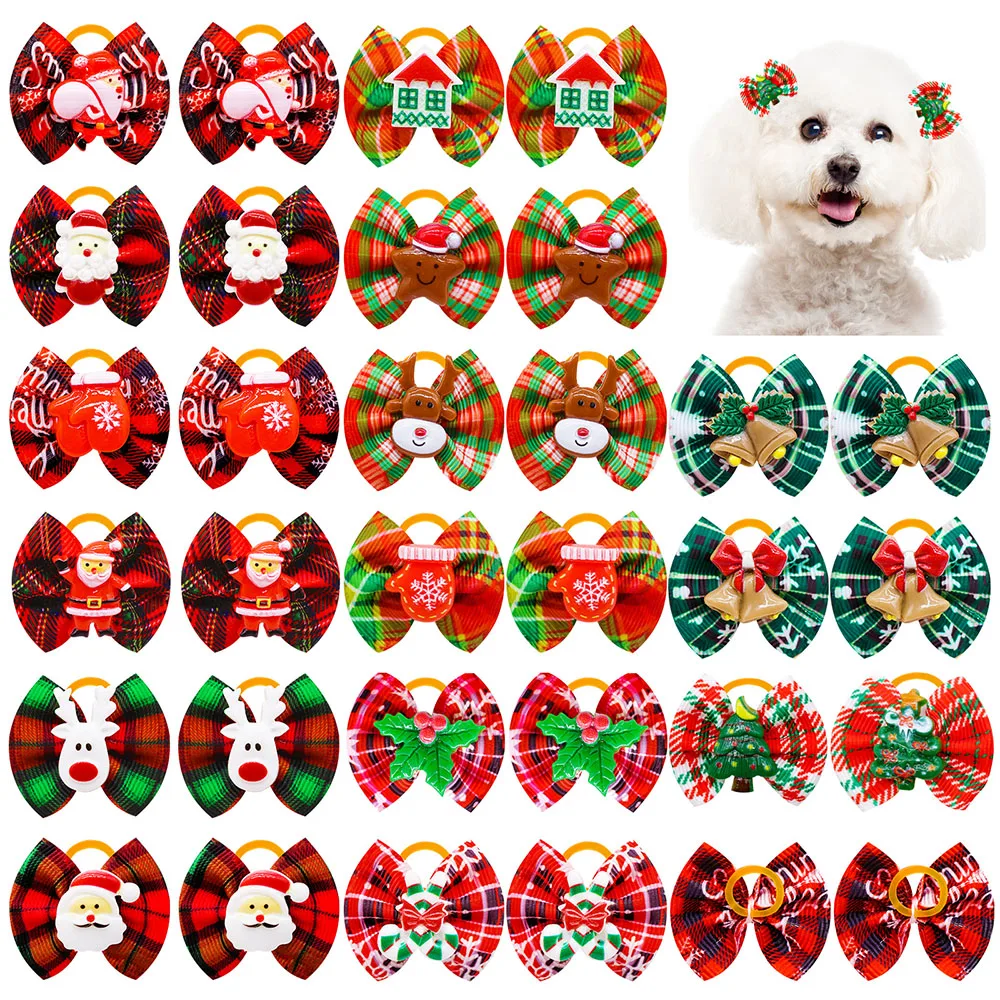 10PCS Christmas Dog Hair Bows Dog Accessories with Rubber Bands Dog Bows for Small Snowflake Hair Accessories Pet Grooming