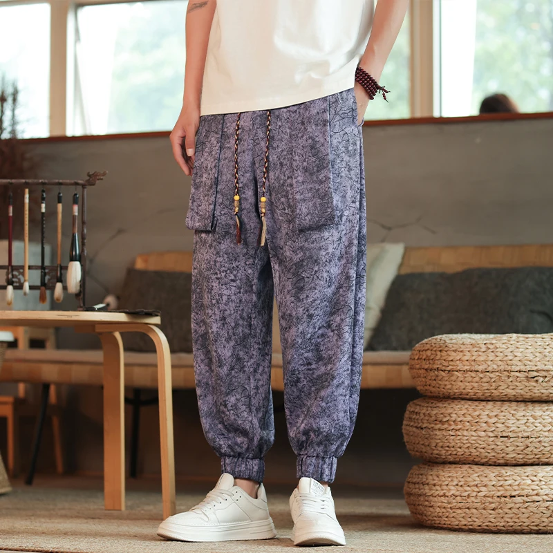 

Mens Harem Pants Baggy Casual Streetwear Drawstring Eastic Waist Beach Hippie Summer Trousers Chinese Style Harem Pants for Male