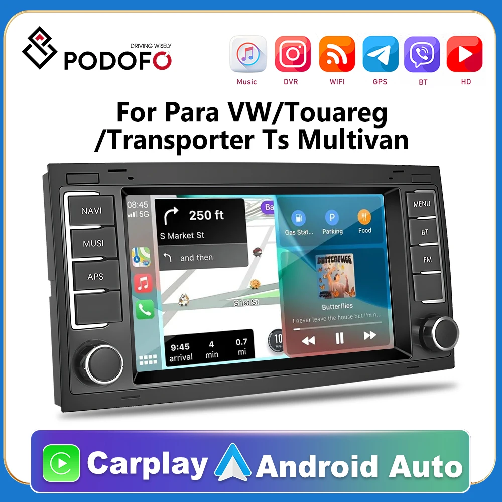 Podofo Carplay Android 11 Car Multimedia Player 7'' Screen Car Radio For Para Volkswagen/Touareg/Transporter Ts Multivan