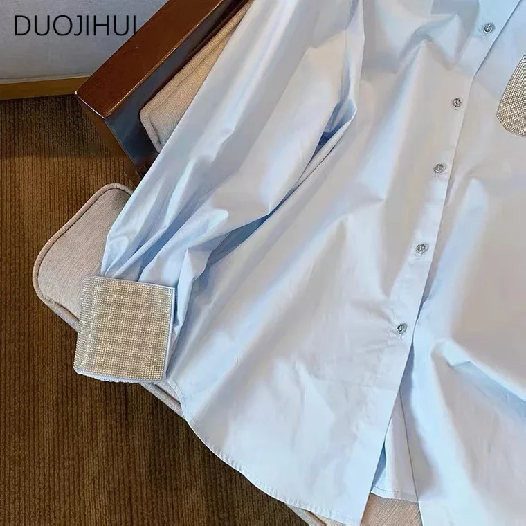 DUOJIHUI Blue Spring New Elegant Office Lady Loose Women Shirt French Chic Button Simple Casual Long Sleeve Fashion Female Shirt