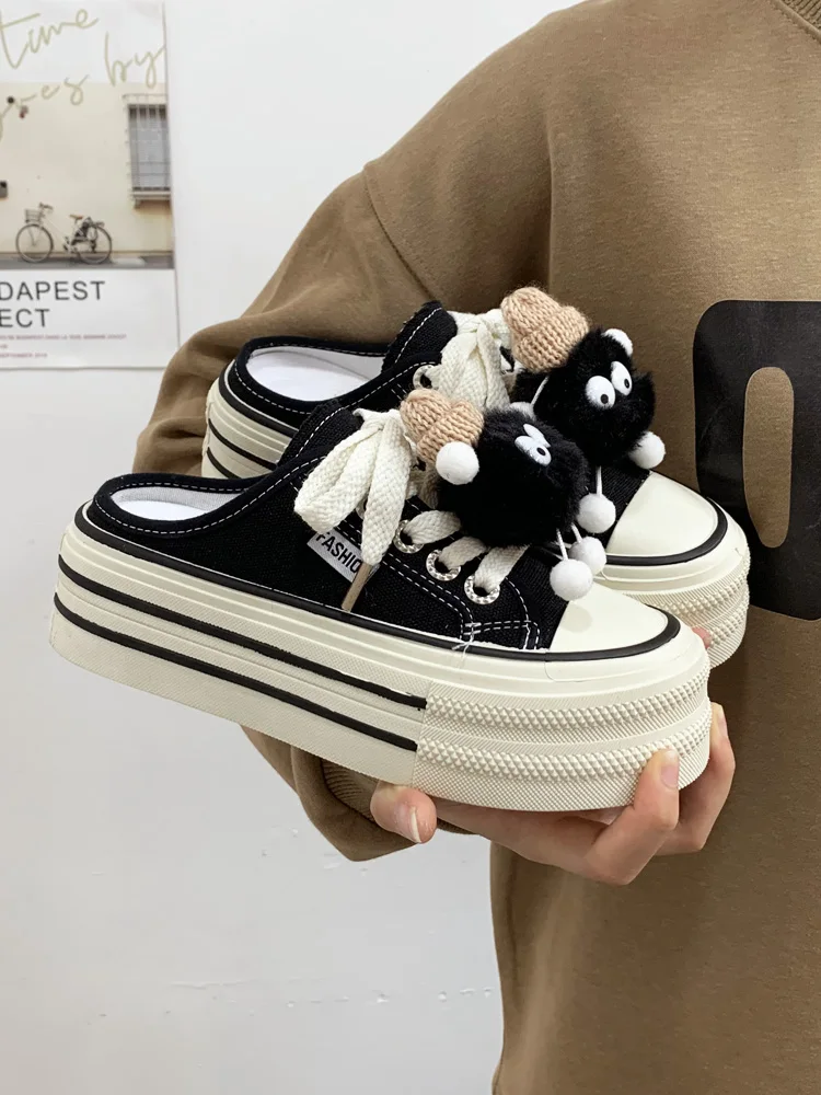 Summer Thick Bottom Canvas Slippers Women's Increase Cool Drag 2025 New Versatile Lazy Outdoor Wear Head Half Slippers