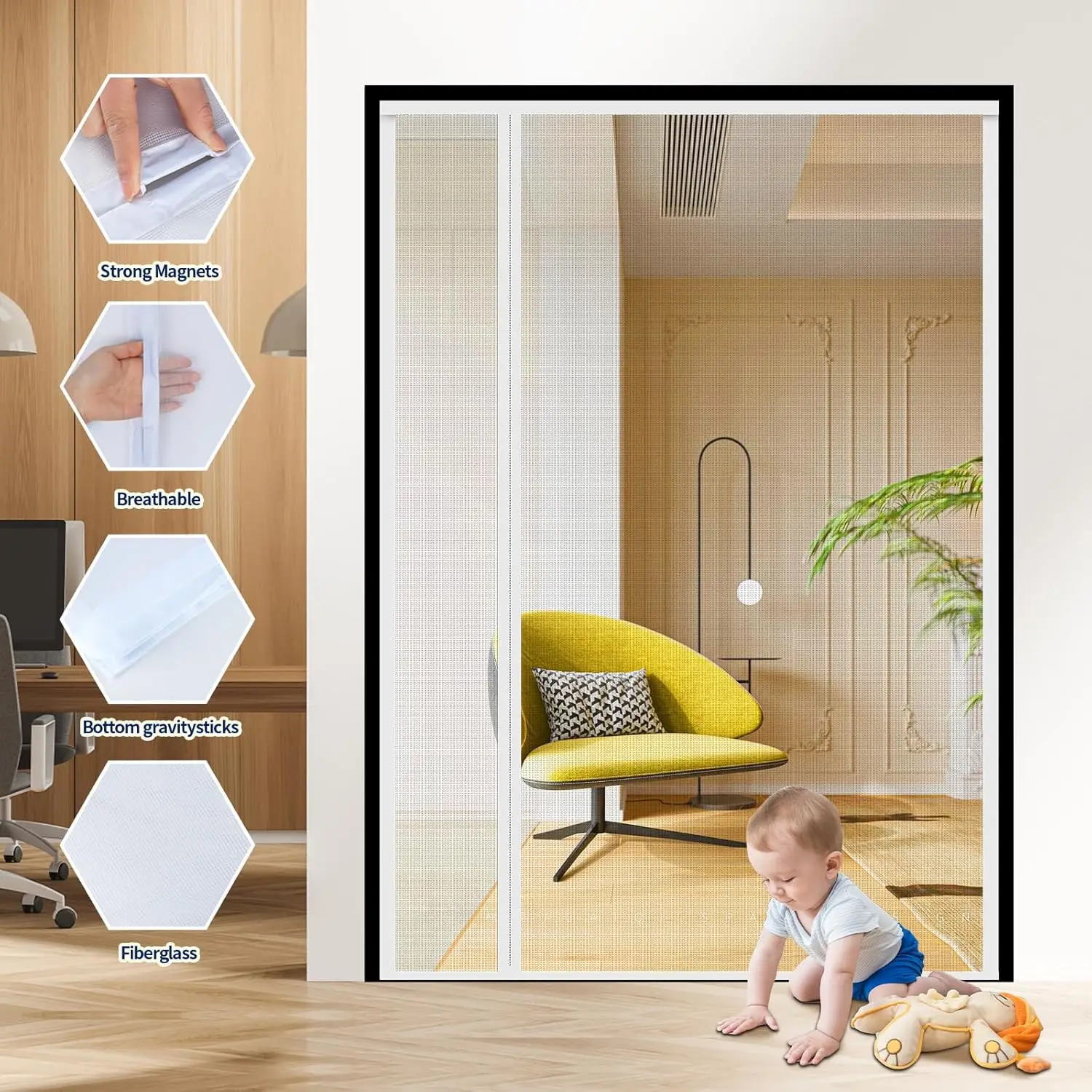 Magnetic Door Screen Side Opening White Mosquito Net Anti Insect Invisible Mesh Custom Size For Summer Indoor And Outdoor Use