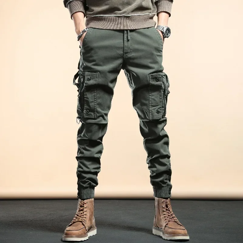 American Vintage Multi-pocket Cargo Pants Men Tide Brand Loose Straight Trouser Drawstring Wide Leg Casual Baggy Pants New