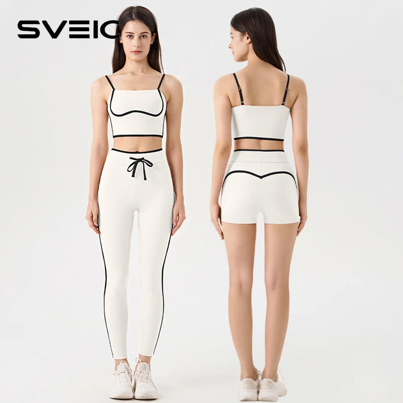 

SVEIC Yoga Sets Shorts Drawstring Leggings Sports Bras Contrast White Strips Fitness Workout Running Training Gym Woman Clothing